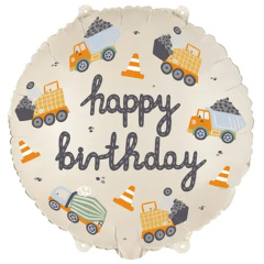 ПД Шар (18"/46 см) Круг, Happy Birthday, Строительные машины, 1 шт. в уп.